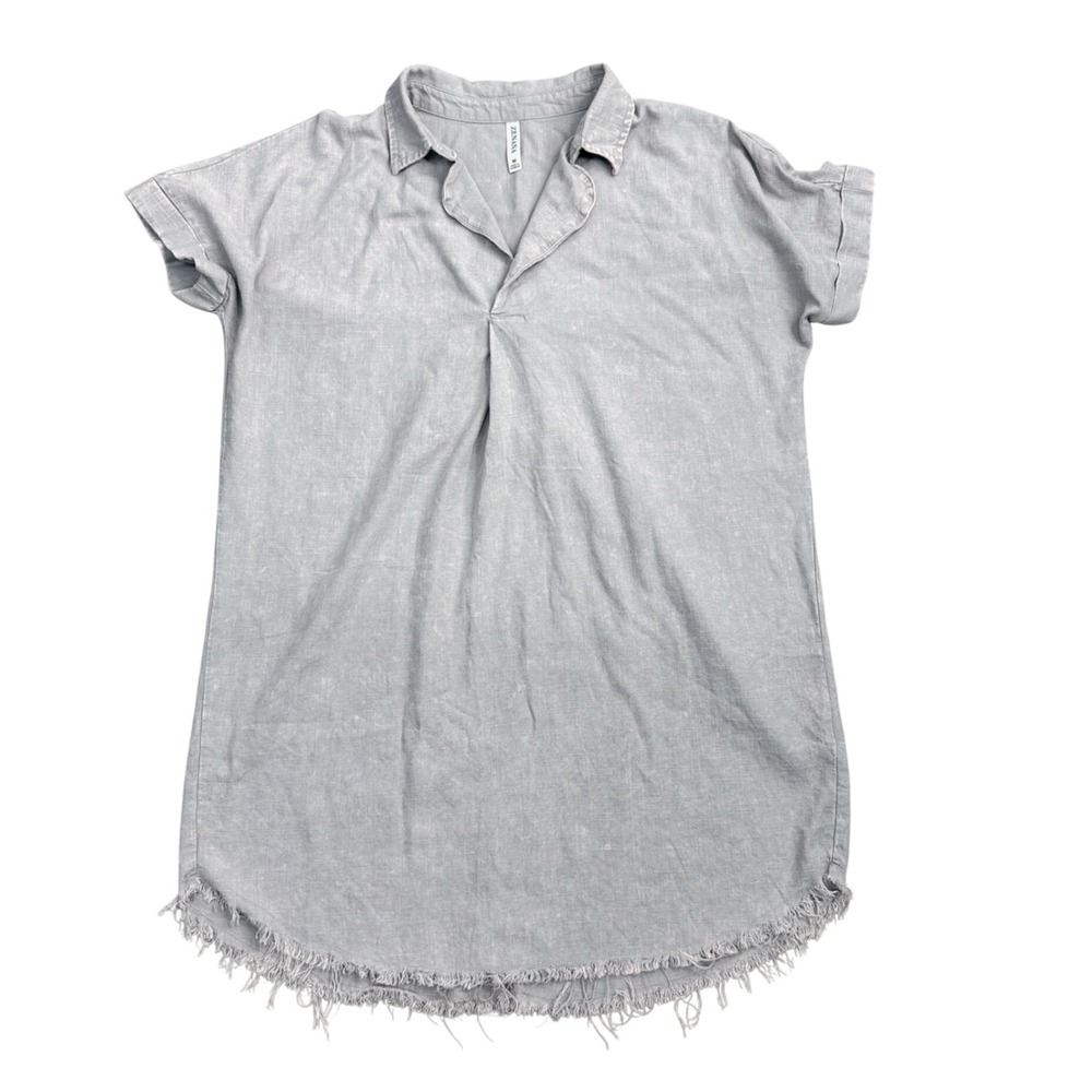 Zenana Linen Blend Tunic Dress Women Size M Tan Casual Boho Frayed Hem